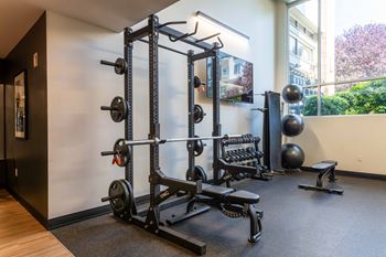 Home gym with power rack and weight equipment